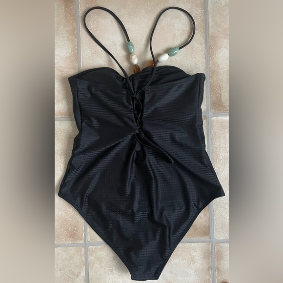 BLACK 1960S SOLID TEXTURED BANDEAU HALTER SWIMSUIT, STONE DETAIL; L - Picture 5 of 7